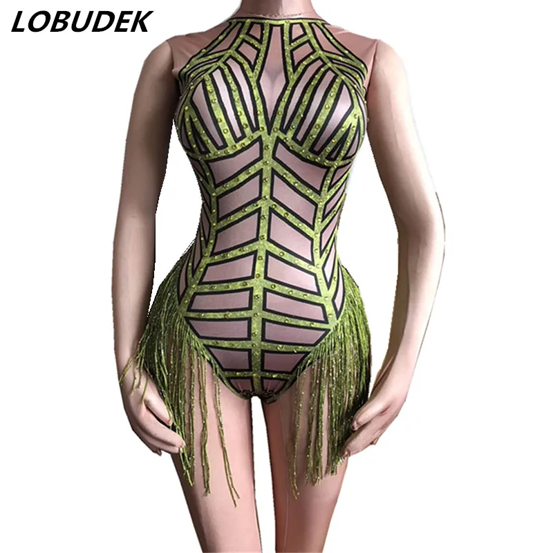 Sexy Nightclub Show Fringe Tights Acrobatic Performance Pole Dance Tassel Bodysuit Crystal Leotard Costume Bar Rave Stage Wear