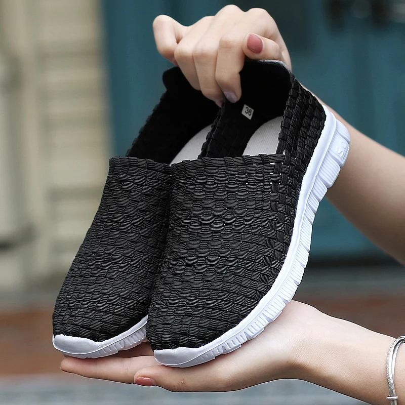 New Women Flats Autumn Casual Shoes Woman Sneakers Breathable Female Woven Shoes Slip On Ladies Loafers Handmade Sneakers Light