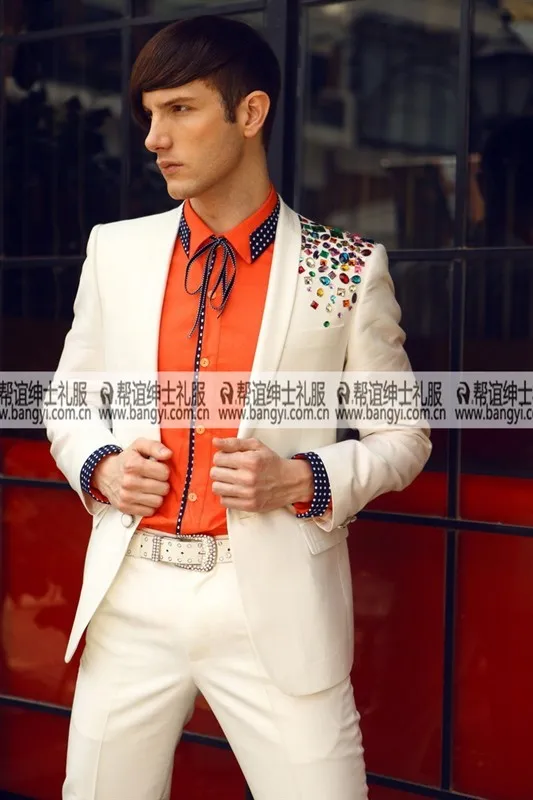 Free ship 100%real mens white shoulder colorful rhinestone beading event/stage performance tuxedo jacket