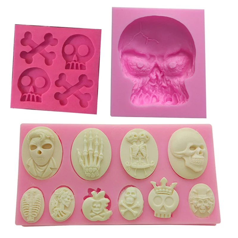 Accesorios de cocina, artículos de Halloween, herramientas para fondant de calaveras, molde de silicona para repostería, decoración de pasteles, taza de caramelo de polímero