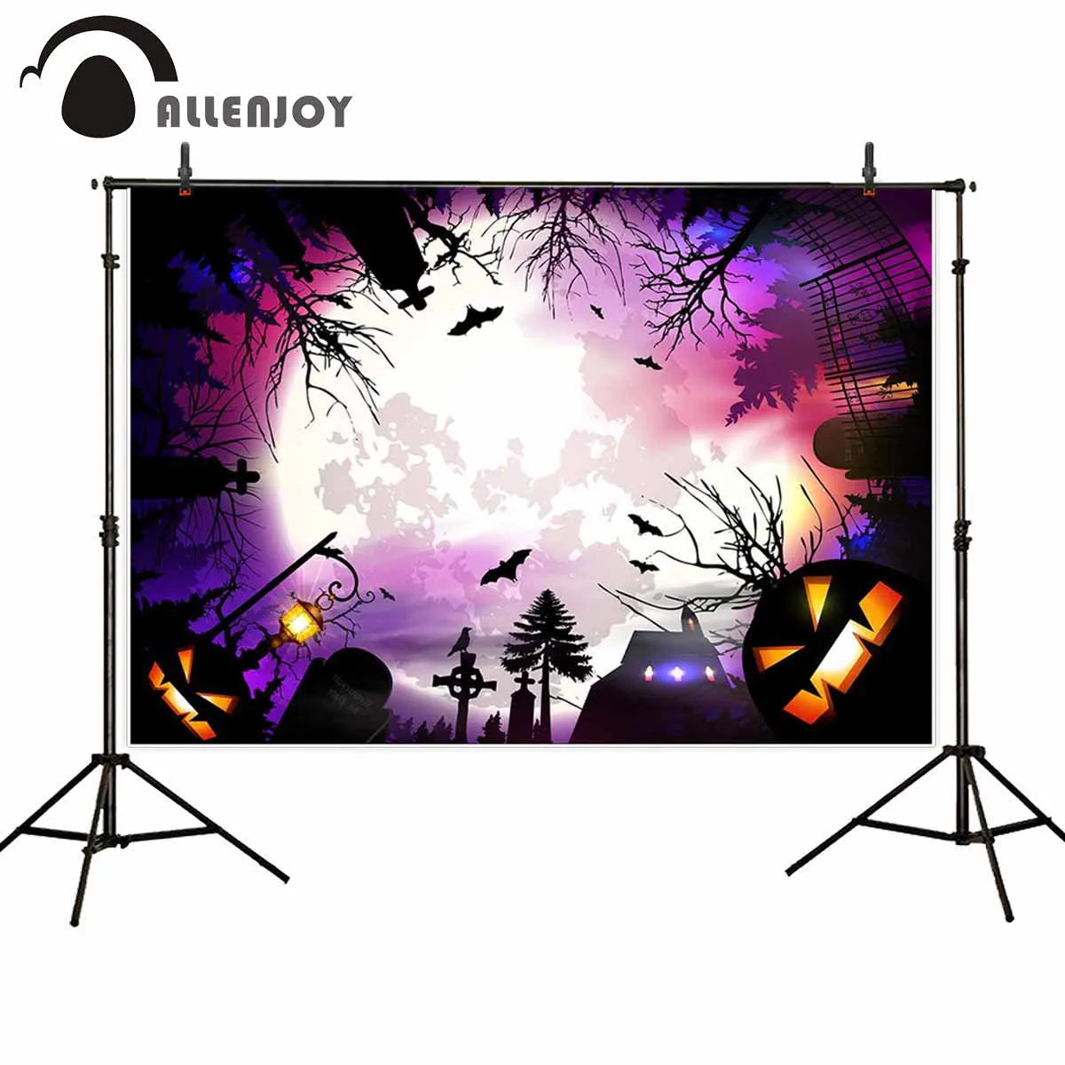 

Allenjoy kids background for photography grimace pumpkin tombstone bats full-moon haunted house backdrop Halloween photocall