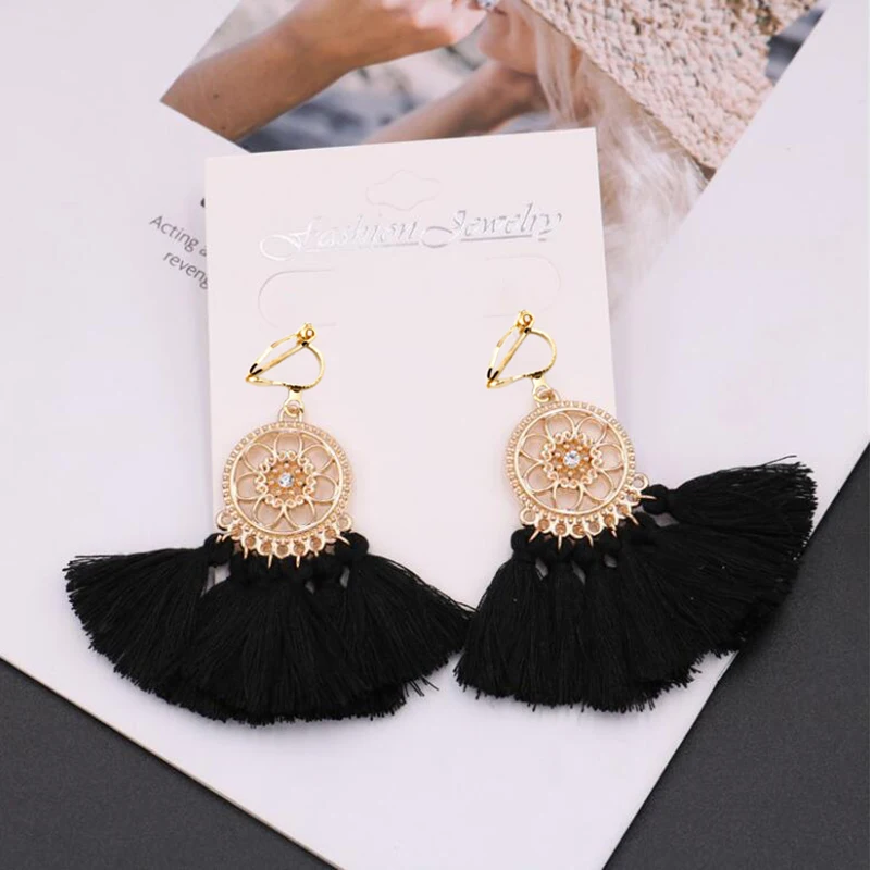 JIOFREE Tassel earrings bohemian statement luxury long Clip On Earrings Without Piercing handmade women geometric Boho Jewelry