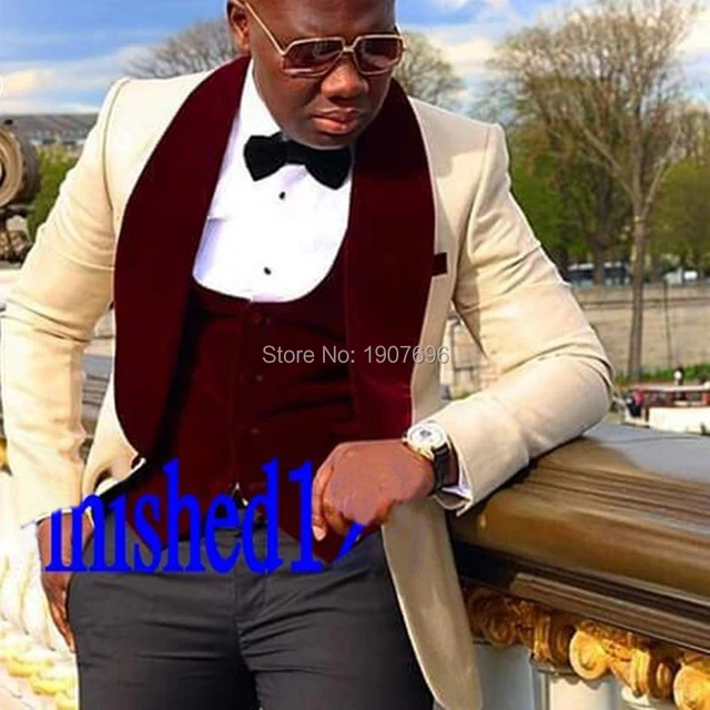 3 Piece Casual Men Suits Slim Fit Burgundy Velvet Waistcoat With Black Pants Beige Jacket Wedding Groom Tuxedo Male Fashion 2021 Suits AliExpress