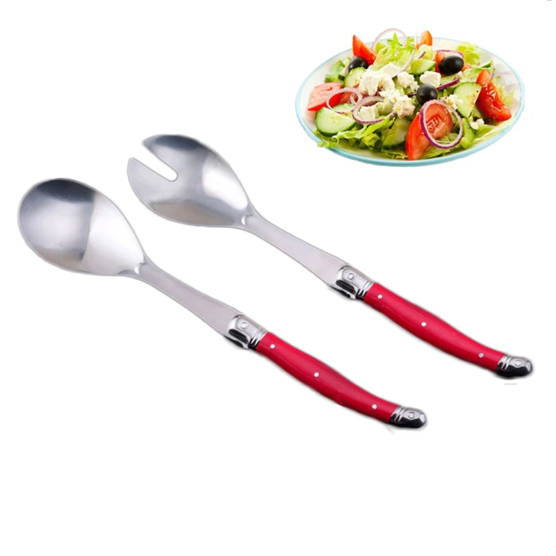 304 Stainless Steel Salad Spoon Set, Red Handle Scoop, High Class Wooden Box Spoon, Fruit and Cake Dinnerware, 2Pcs Set