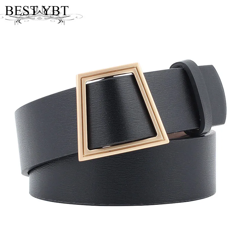 Best YBT Women belt new Trapezoid Metal Ring Buckle Wide Waist belt Woman Black Quality for Dress Jeans Female Waistband belt