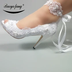 BaoYaFang 2020 Ankle strap Womens wedding shoes Peep Toe Open side fashion shoes woman High heels platform shoes Woman Pumps