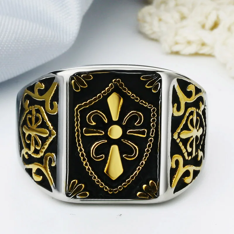 Fashion Gold Color Fleur De Lis  Shield Ring Men\'s  Silver-Color Cross Crest Signet Ring Stainless Steel Biker Jewelry Size 7-14