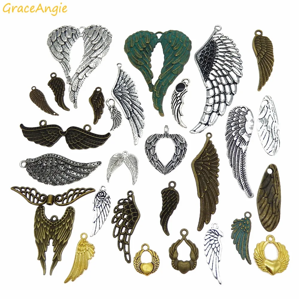 GraceAngie 15pcs Zinc Alloy Assorted Wings Feather Shape Vintage Charms Mixed Randomly DIY Pendant Jewelry Finding 10-85mm