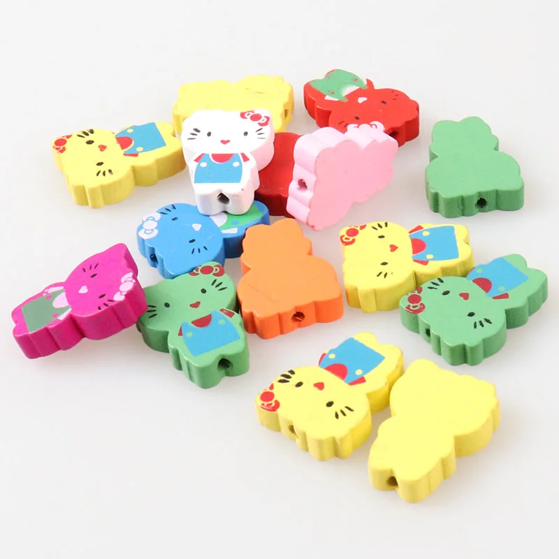 Wooden Cute Cartoon Hello Cat Spacer Beads For Jewelry Making DIY 23x18mm 20pcs Mixed