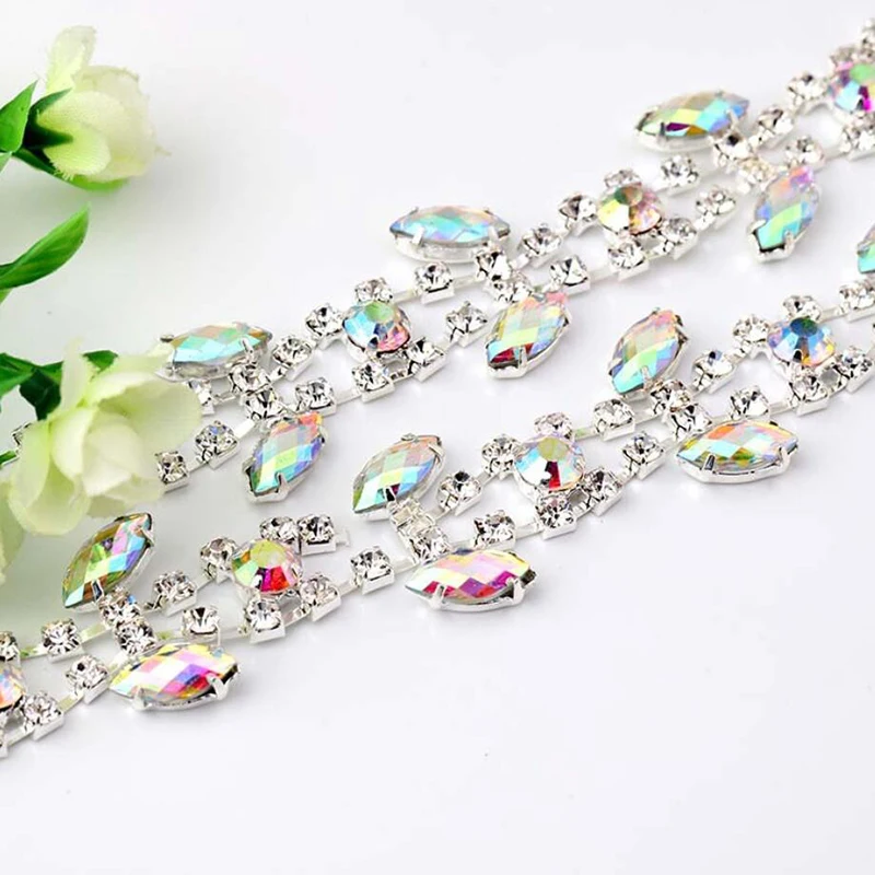 1-10Yards Crystal Rhinestone Trim Silver Stone AB Chain Applique Bridal Dress Trimming Decoration For Garment Shoes Accessories