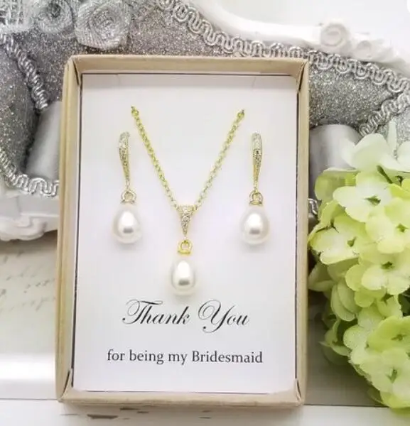 Personalized text wedding Bridesmaid elegant teardrop pearl Necklace dangle customize Necklace earrings set birthday gifts