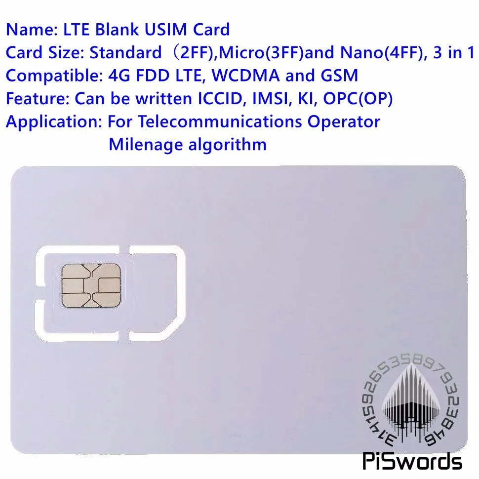 Piswords SIM USIM Card 4G LTE WCDMA GSM Blank Mini Nano Micro Writable Programable SIM Card For Operator Milenage Algorithm