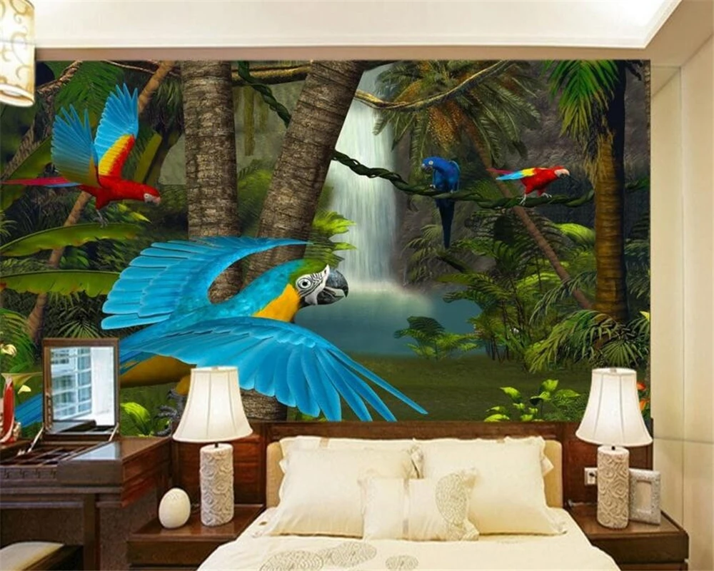 

Customized wallpaper for walls 3 d bedroom decoration wallpaper forest parrot waterfall living room 3 d photo murals