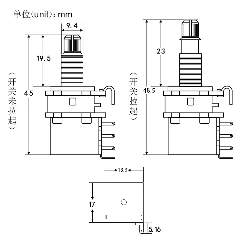 FLEOR 1 Stück Gitarren-Potentiometer Push-Push-Potentiometer A250K / B250K / A500K / B500K Kupfer Langer geteilter Schaft (kein Ziehen mehr möglich) – Detail 8
