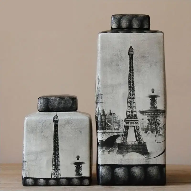 European Style Architectural Works Square Ceramic Furnishings American Living Rooms ornaments Modern home porcelain pot jar vase