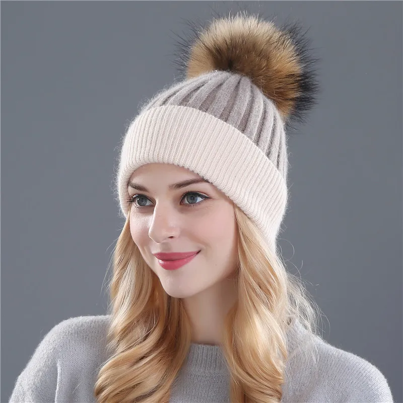 Xthree winter wool knitted hat beanies real mink fur pom poms Skullies hat for women girls hat feminino