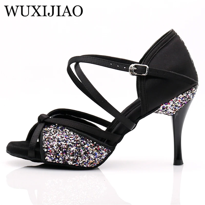 WUXIJIAO Dance Jazz Shoes Black Bronze Skin Latin Dance Shoes For Women Salsa Latin Shoes Girls Ballroom Latin Shoes 8.5cm Heel