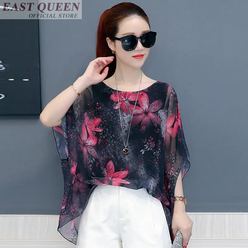 Women summer blouse 2018 feminine shirts spliced fashion o-neck short batwing sleeve floral print chiffon blouse tops DD594 L