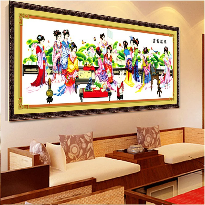 210*76cm large picture traditional Chinese Beauty 12 figures cross stitch kits printed pattern embroidery set living room decor