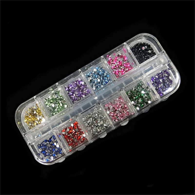 12 Colors 1200Pcs/lot Round Rhinestones Hard Case Nail Art Tips Stickers Acrylic Uv Gel Nail Decal Decor Makeup Tool 2MM