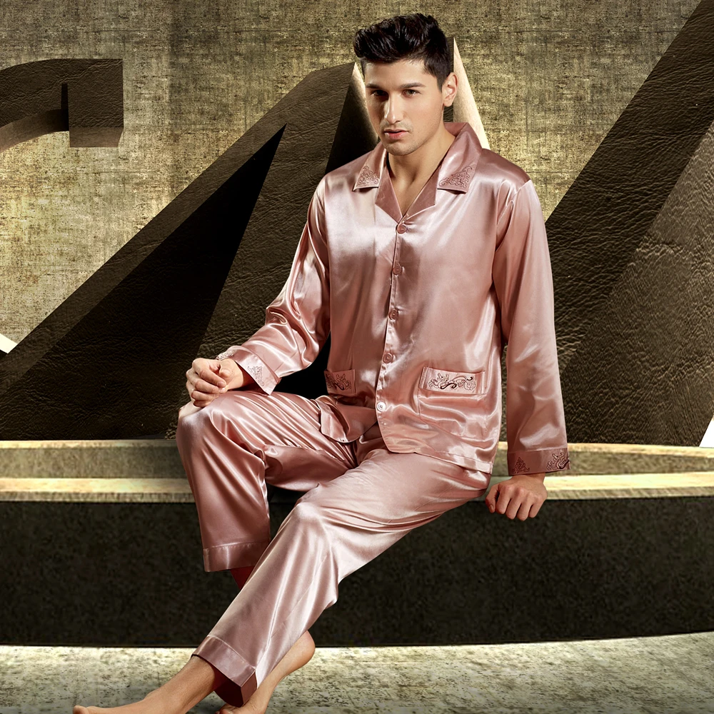 Brand Satin Silk Men Pajamas Luxurious Embroidery Sleepwear Long-Sleeved Pyjama Sets High Quality Casual Home Wear 3315