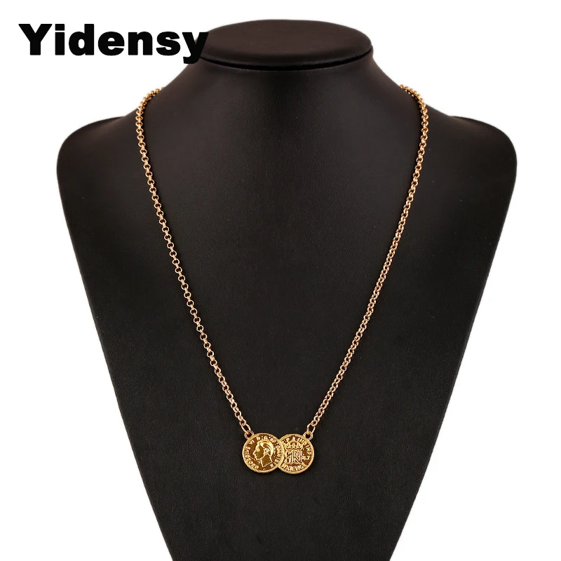 Yidensy Fahsion Round Coin Pendant Necklaces Gold Silver Color Metal O Chain Necklace Long 65cm for Women Female Jewelry