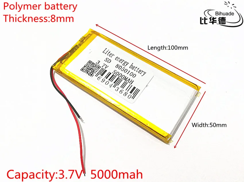 Free shipping 10pcs/lot 3.7V 8050100 5000mAh Polymer Lithium LiPo Rechargeable Battery For GPS PSP DVD PAD E-book