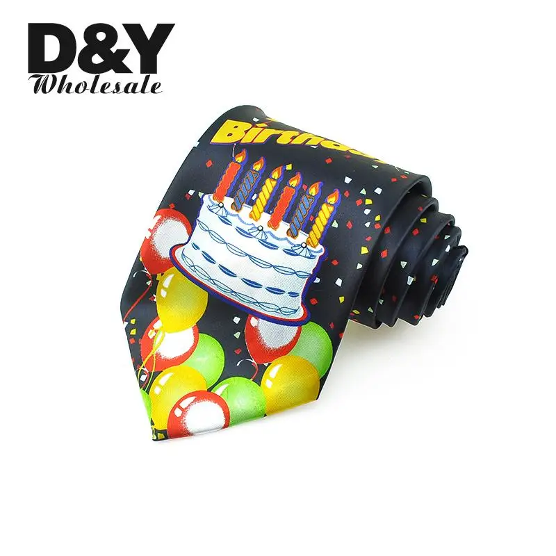 Mens Tie Novelty Happy Birthday Cake Colorful Balloon Printing Neckties Polyester 10 cm Wide Cravate Gift Party Brand Design