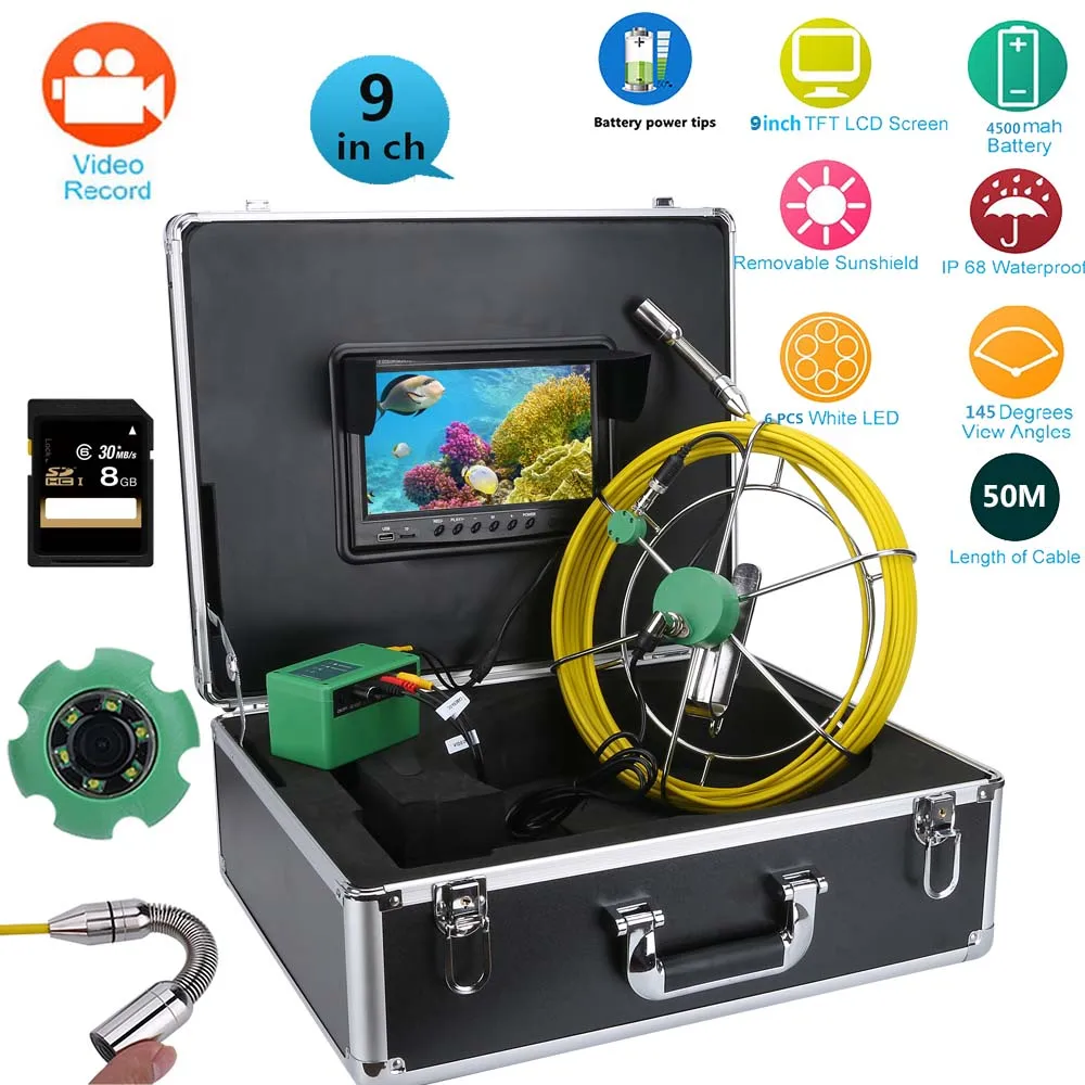 

MOUNTAINONE 9inch DVR 22mm Industrial Pipe Sewer Inspection Video Camera System IP68 1000 TVL Camera with 6W LED 8G 40m 50m