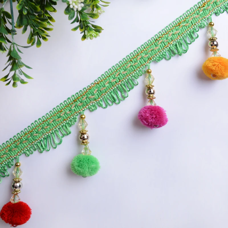 YOYUE 12 yards/lot 9.5cm width Lace Hanging Ball Spike Tassel Curtain Fabric Art Decoration Diy Decoration Fabric Panicle Pearls