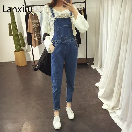 Summer Style Bib Overalls For Women Washed Wear Scar Personality Big Pocket Scratched Dark Blue Denim Overalls Jeanforwomen