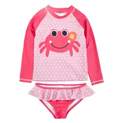 Kavkas Children Girl Swimwear Two Piece Long Sleeve Sunscreen Kids Swimsuit 1-8 Years Cute Printed Bath Girls Clothing