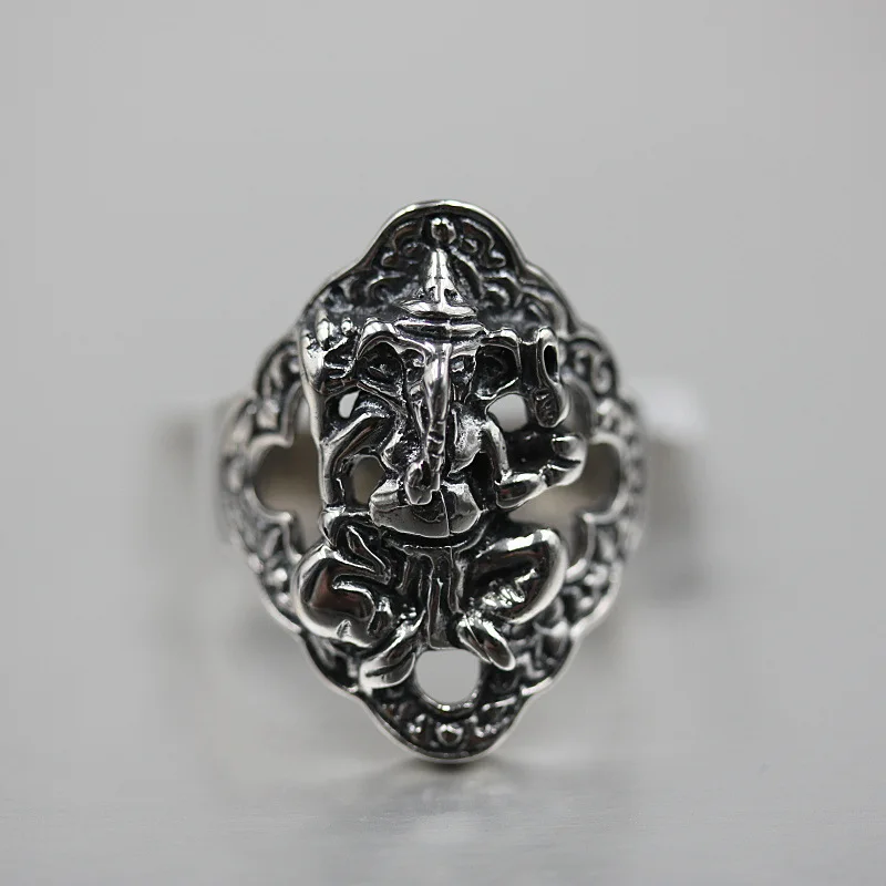 100%925 Silver Rings Personality Male Rings Old Thai Silver Carved Elephant Head Ganesha Silver Ring Free Shipping