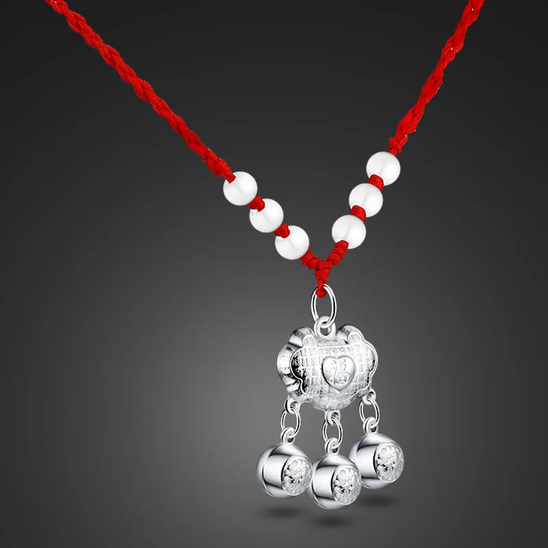 Chinese Vintage Silver Necklace 925 Sterling Silver Lock Necklace Red Rope Chain On Neck Ladies/Girls/Children Retro Jewelry Gif