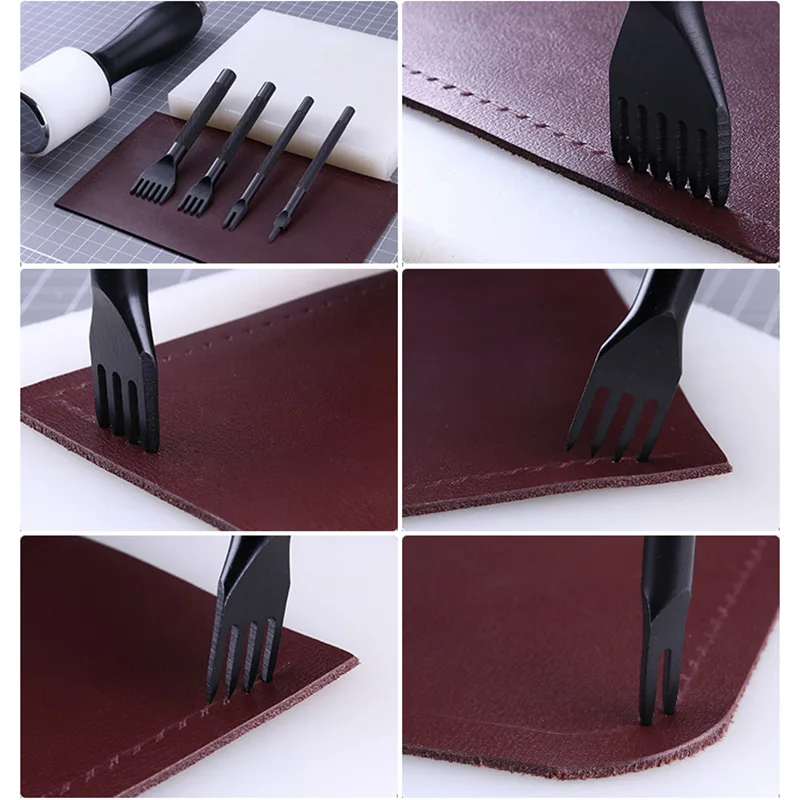 Leather Punch Tool Diamond Cut Prick Iron Wallet Bags DIY Crafts Tools 3/4mm Spacing,1/2/4/6 Prong for Stitching Chisel Set Kits