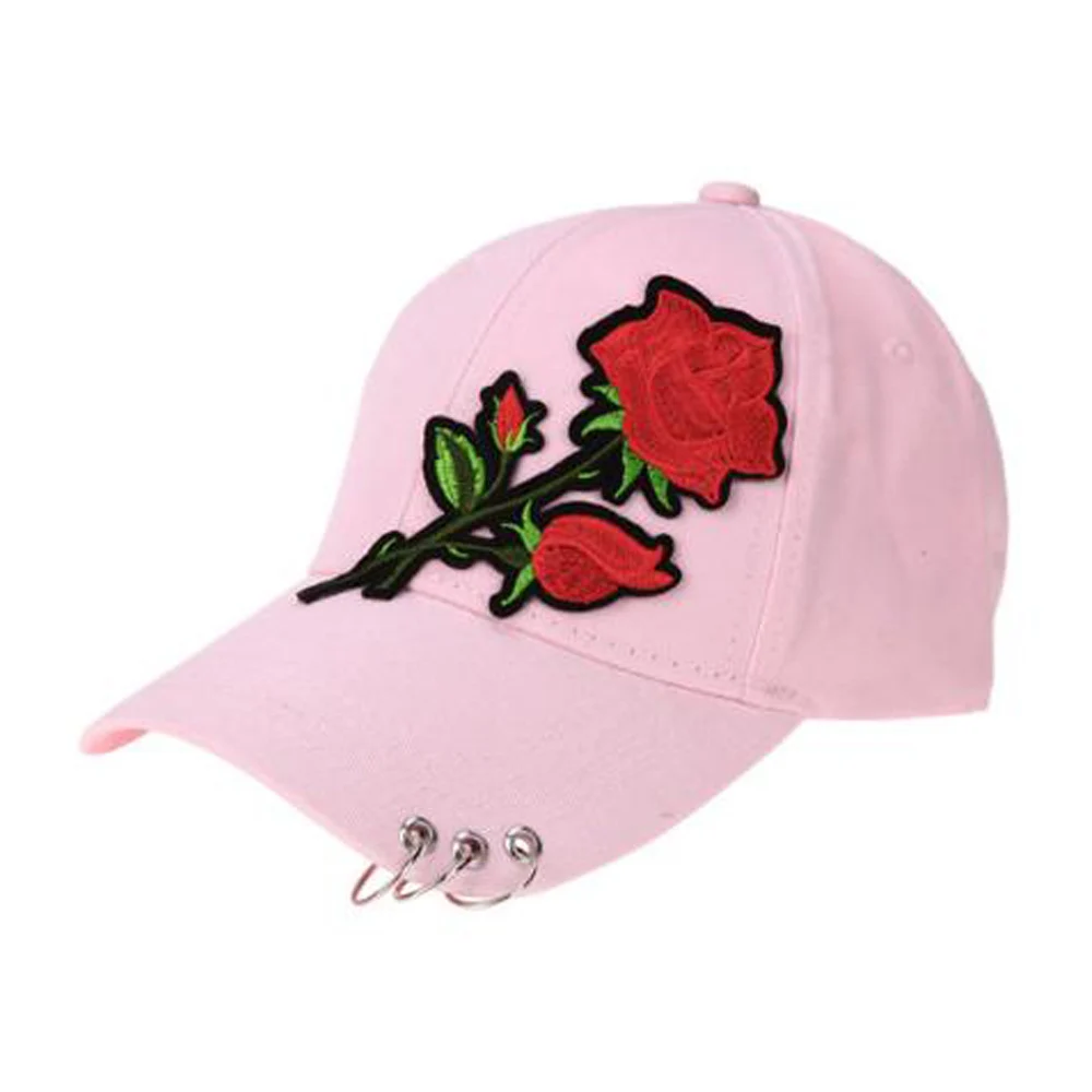 Frauen Männer Hip Hop Kpop Hysterese Baseball Kappe Große Rose Blume Mit Ringe Sport Tanzen Reise Papa Hut Caps Streetwear einstellbar