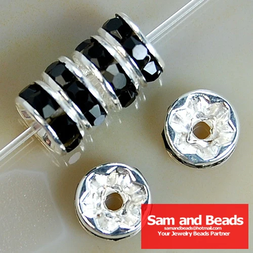 

Top quality ! Crystal Rhinestone Rondelle Spacer Beads Silver Free Shipping 100Pcs Wholesale Black