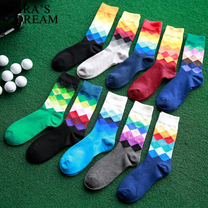 5 Pairs creative large size men cotton socks for man discolor diamond plaid socks autumn winter male colorful long socks Meias