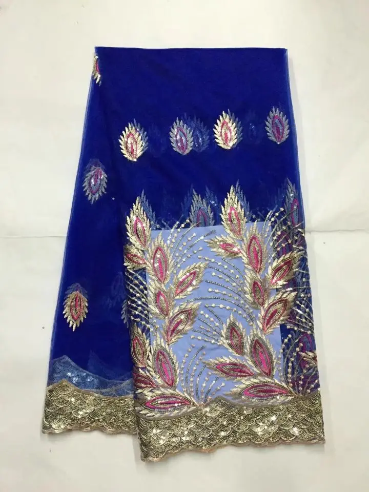 

5 Yards/pc Most popular royal blue french net lace with leaves sequins design african mesh lace fabric for dress JN5-2