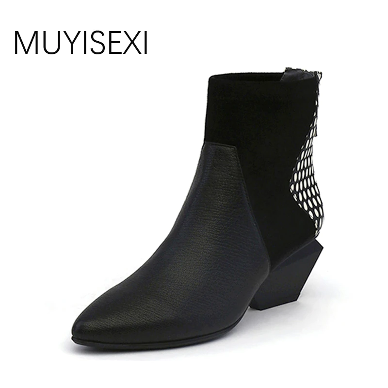 Pointed Toe Boots Zipper Patchwork Ankle Boots for Women Genuine Leather Thick High Heel 6 cm Women Shoes HL042 MUYISEXI