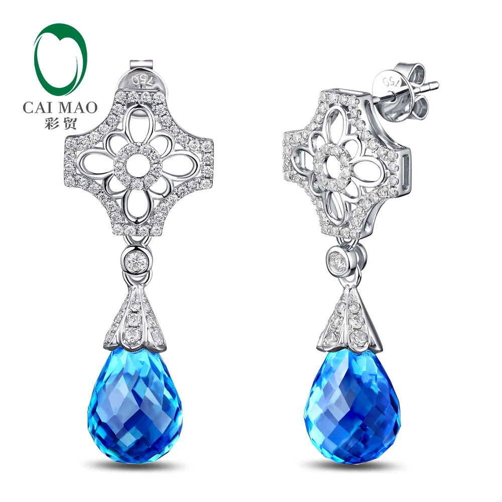 Caimao Jewelry 18KT White Gold 11.83ct Natural Topaz 0.60ct Diamond Classicl Earrings free shipping