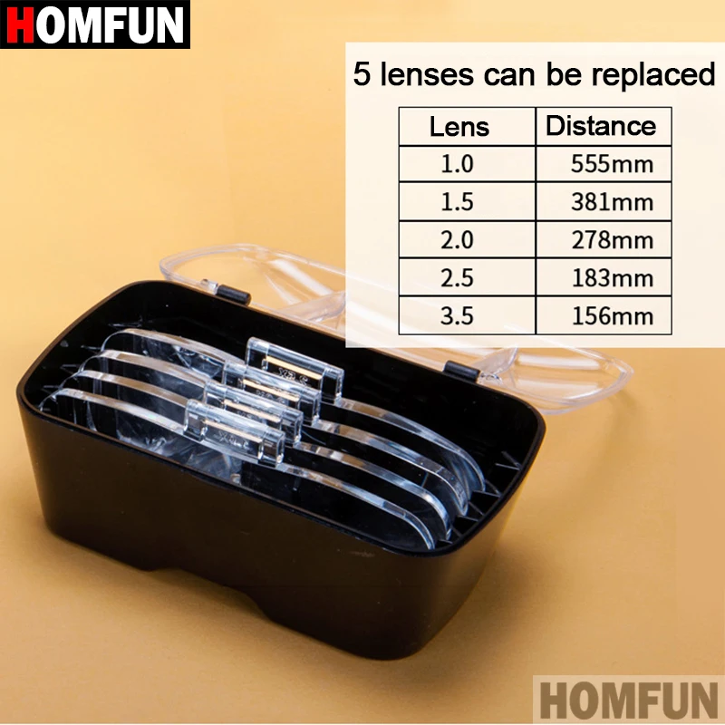 HOMFUN Diamond Painting Embroidery 1.0X 1.5X 2.0X 2.5X 3.5X Adjustable 5 Lens Loupe LED Light Headband Magnifier Glass With Lamp