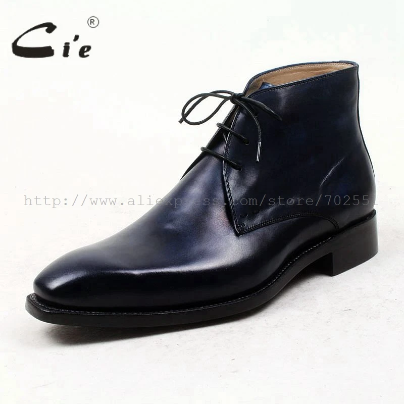 cie Square Plain Toe Full Grain Calf Leather Boot Patina Navy Handmade Outsole Leather Men Boot Business Men\'s Ankle Boot  A96