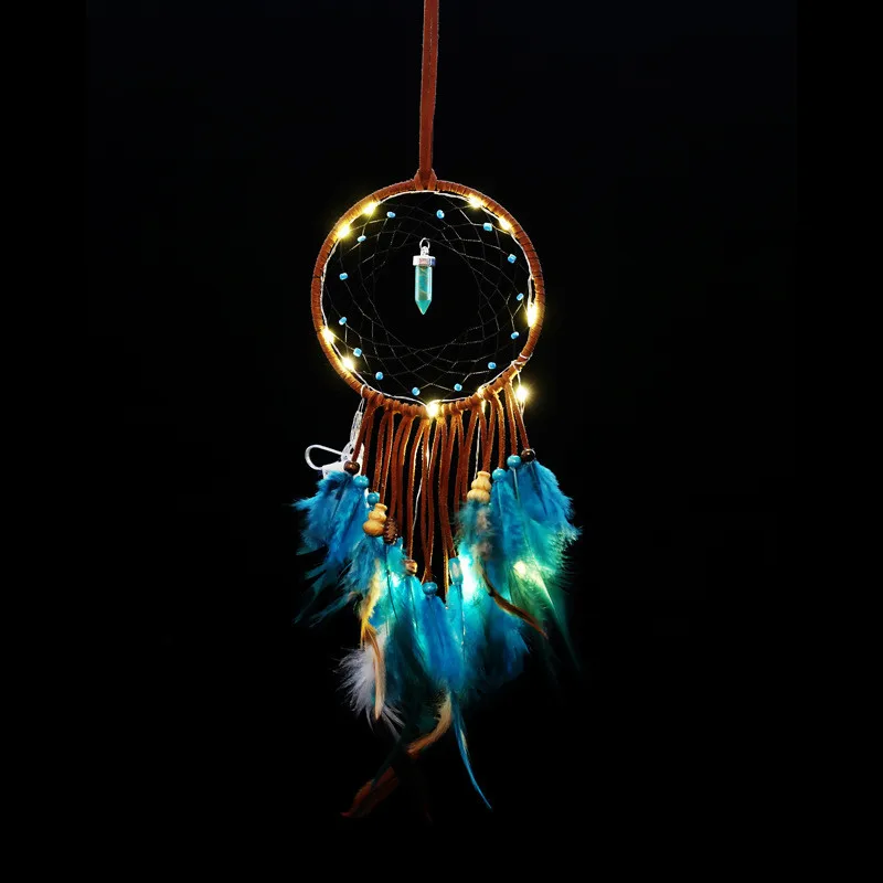 Indian Heirs Catching Dreams Hanging Ornaments, Wind Chimes, Make Up Dream Net, Blue Feather with Light