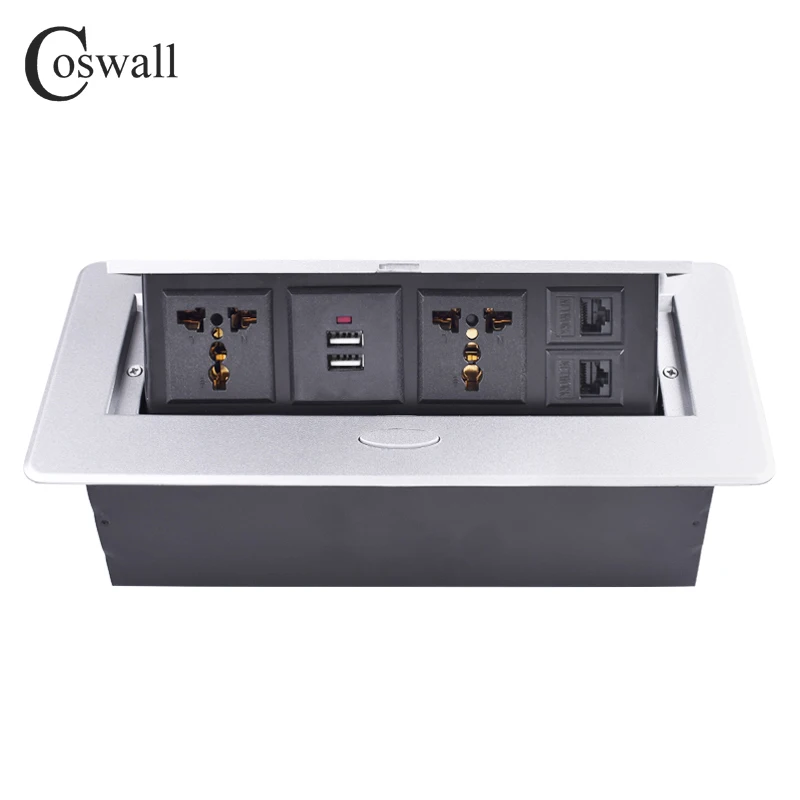 COSWALL Zinc Alloy Plate POP UP 2 Universal Socket For EU UK Chile Dual USB Charge Port 2 RJ45 CAT5E Internet Jack Table Outlet