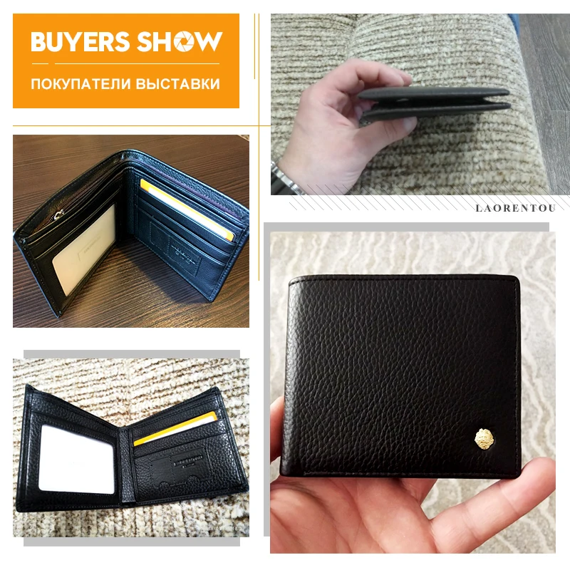 LAORENTOU Men Short Wallet 100% Genuine Cow Leather Card Holder Standard Coin Pocket Casual Multi-function Money Purse For Male