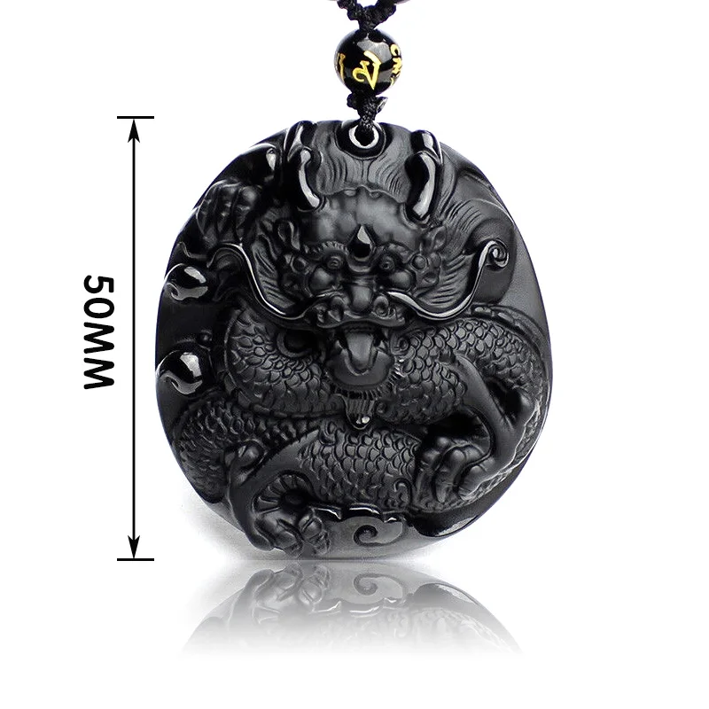 Natural Black Obsidian Carved Big Round Dragon Pendant Necklace Fashion Men Women Lucky Pendant Large Raptors Evil Accessories