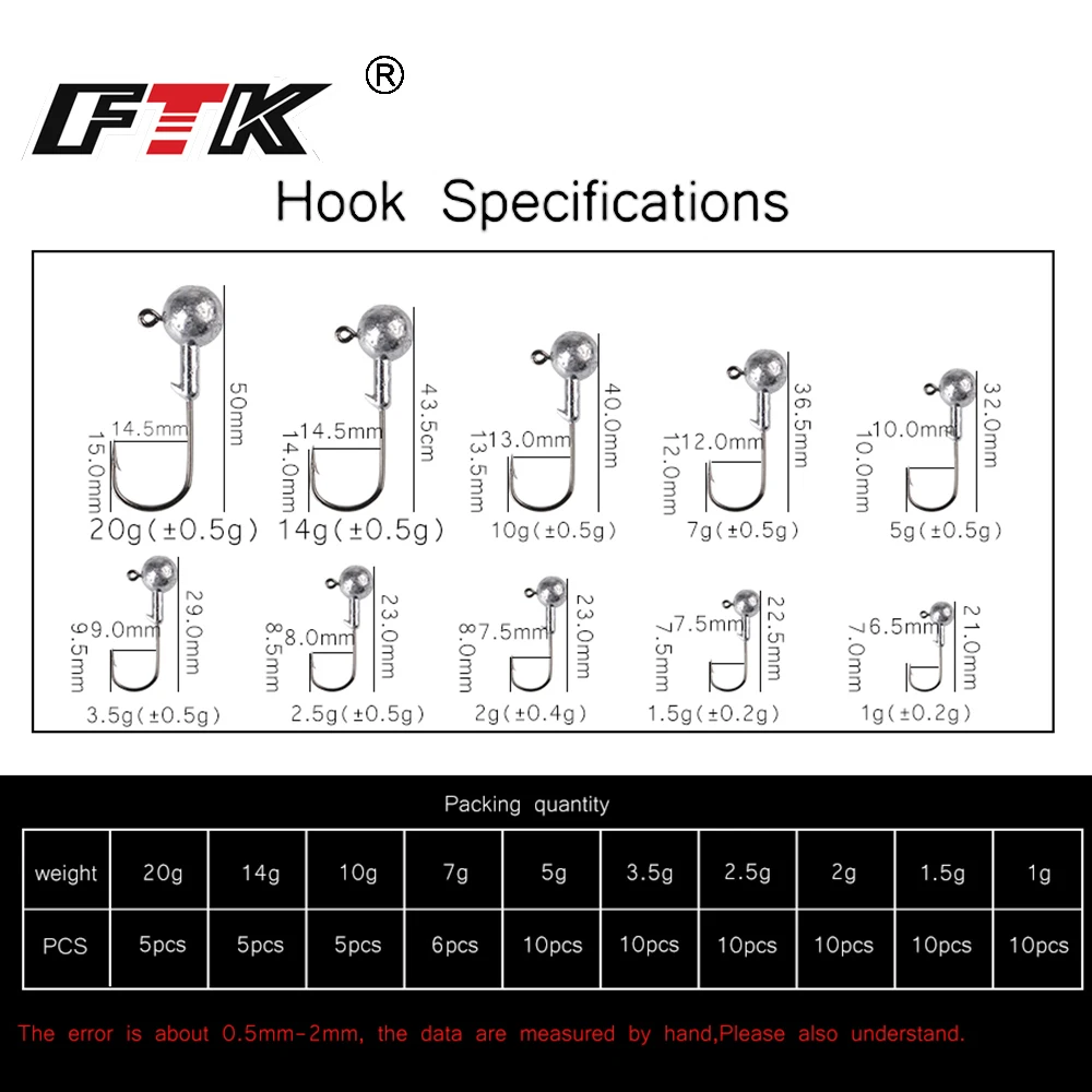 FTK Jig Head Fishing Hook For Soft Shad Lure 1.0g/1.5g/2.5g/3.5g/5g/7g/10g/14g/20g Strong Jigging Bait Lead Lure Fishing Tackle
