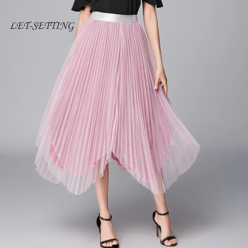 

Sweet irregular sparkling mesh Elastic waist skirt lace female asymmetrical large swing pleated tulle skirt pink