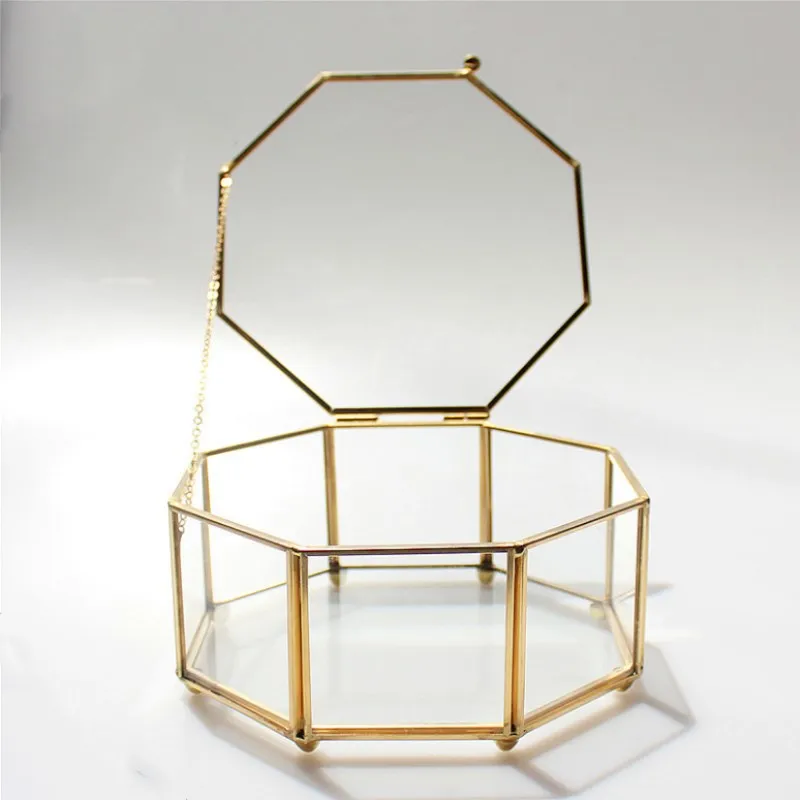 Golden Eight-sided Clamshell Jewelry Box Geometric Glass Flower Room Gold Frame Eight-sided Glass Geometric Wedding Jewelry Box